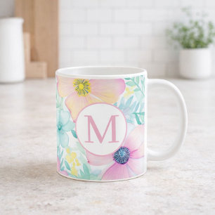 Zachte Lente Bloemige Watercolor Monogram Koffiemok