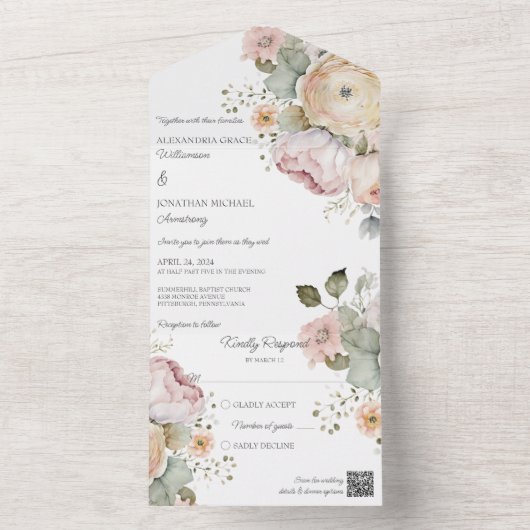 Zachte lentekleuren Bloemen All In One Uitnodiging (Binnen)