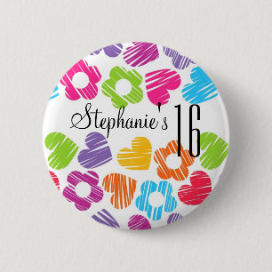 Zachte levendige bloemen harten Sweet Sixteen Knop Ronde Button 5,7 Cm