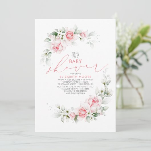 Zachte Licht Roze Bloemen en Groene Baby Shower Kaart (Staand voorkant)