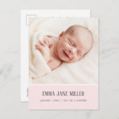 Zachte lichtroze geboorteaankondiging foto ansicht aankondigingskaart (Voorkant / Achterkant)