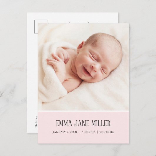Zachte lichtroze geboorteaankondiging foto ansicht aankondigingskaart (Voorkant / Achterkant)