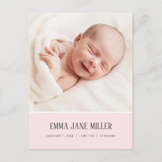 Zachte lichtroze geboorteaankondiging foto ansicht aankondigingskaart (Voorkant)