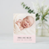 Zachte lichtroze geboorteaankondiging foto ansicht aankondigingskaart (Staand voorkant)