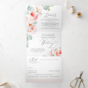 Zachte lichtroze Waterverf bloemen legante bruilof Drieluik Uitnodiging