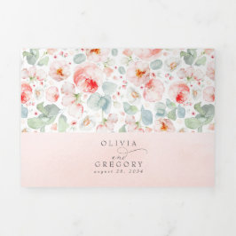 Zachte lichtroze Waterverf bloemen legante bruilof Drieluik Uitnodiging