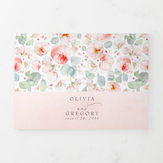 Zachte lichtroze Waterverf bloemen legante bruilof Drieluik Uitnodiging (Cover)