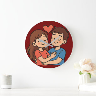Zachte Liefdessticker Cartoon Koppel Verliefd Grote Klok