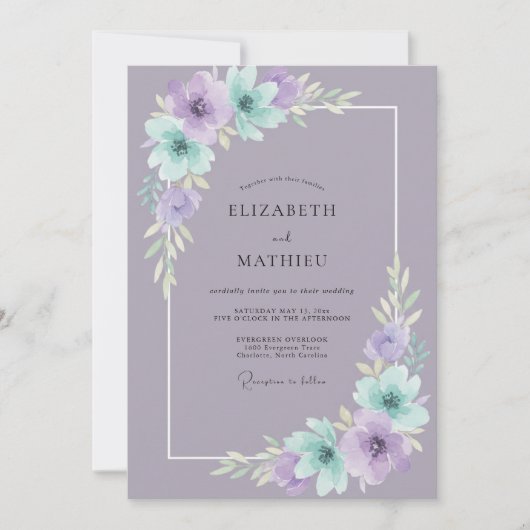 Zachte Lila Mint Bloemblad Bruiloft Kaart (Voorkant)