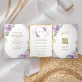 Zachte Lila Paarse Bloemige Gouden All-in-One Trou Drieluik Uitnodiging