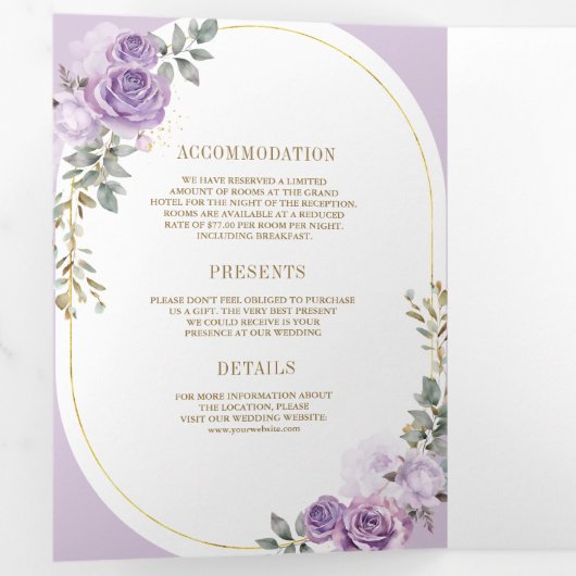 Zachte Lila Paarse Bloemige Gouden All-in-One Trou Drieluik Uitnodiging (Binnenzijde eerst)