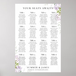Zachte Lila Paarse Floral Wedding Seating Chart Poster