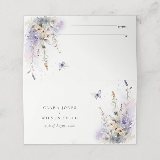 Zachte Lila Wildflower Butterfly Bruiloft Website Plaatskaartje (Buitenkant ongevouwen)