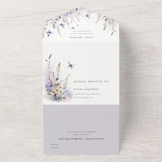 Zachte Lila Wildflower Vlinder Tuin Bruiloft All In One Uitnodiging (Buitenkant)