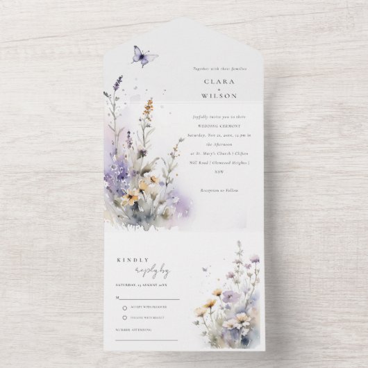 Zachte Lila Wildflower Vlinder Tuin Bruiloft All In One Uitnodiging (Binnen)