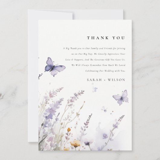 Zachte Lila Wildflower Vlinder Tuin Bruiloft Bedankkaart (Voorkant)