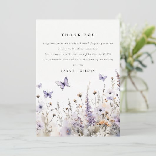 Zachte Lila Wildflower Vlinder Tuin Bruiloft Bedankkaart (Staand voorkant)