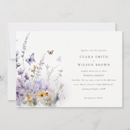 Zachte Lila Wildflower Vlinder Tuin Bruiloft Kaart (Voorkant)