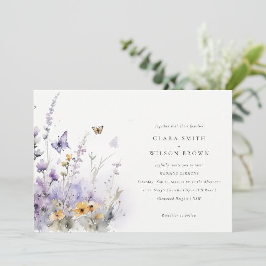 Zachte Lila Wildflower Vlinder Tuin Bruiloft Kaart (Staand voorkant)