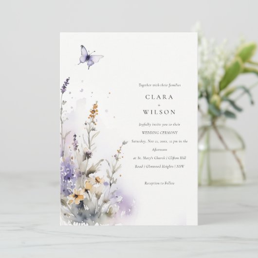 Zachte Lila Wildflower Vlinder Tuin Bruiloft Kaart (Staand voorkant)