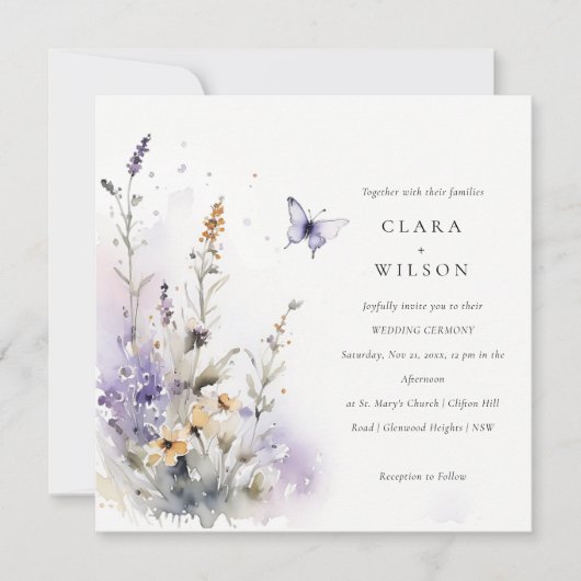 Zachte Lila Wildflower Vlinder Tuin Bruiloft Kaart (Voorkant)