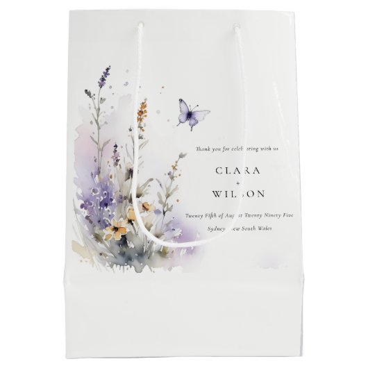 Zachte Lila Wildflower Vlinder Tuin Bruiloft Medium Cadeauzakje (Achterkant)