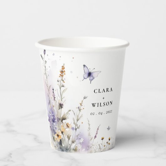 Zachte Lila Wildflower Vlinder Tuin Bruiloft Papieren Bekers (Voorkant)