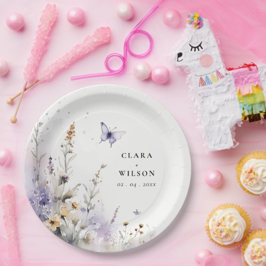 Zachte Lila Wildflower Vlinder Tuin Bruiloft Papieren Bordje (Feest)