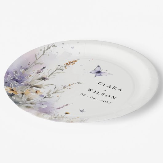 Zachte Lila Wildflower Vlinder Tuin Bruiloft Papieren Bordje (Gekanteld)