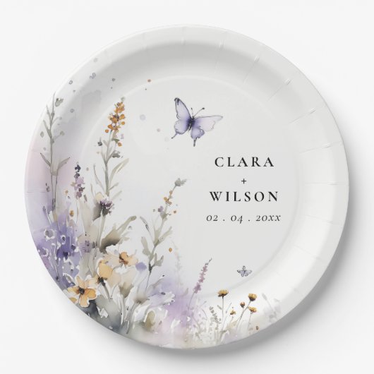 Zachte Lila Wildflower Vlinder Tuin Bruiloft Papieren Bordje (Voorkant)