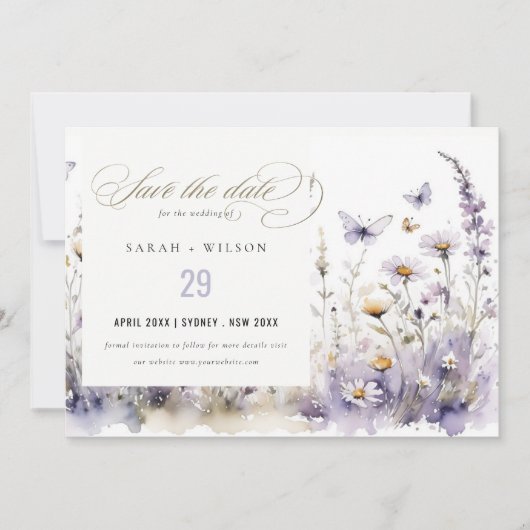 Zachte Lila Wildflower Vlinder Tuin Bruiloft Save The Date (Voorkant)