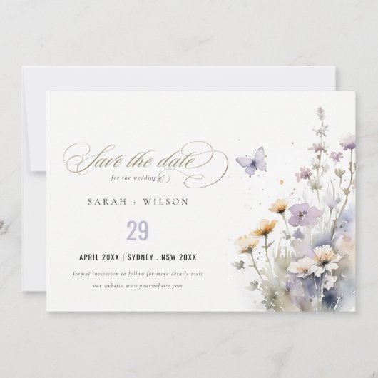 Zachte Lila Wildflower Vlinder Tuin Bruiloft Save The Date (Voorkant)