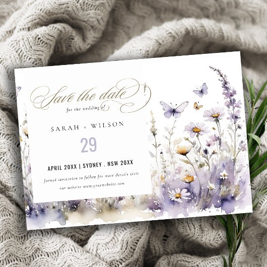 Zachte Lila Wildflower Vlinder Tuin Bruiloft Save The Date