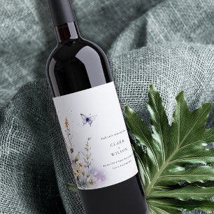 Zachte Lila Wildflower Vlinder Tuin Bruiloft Wijn Etiket
