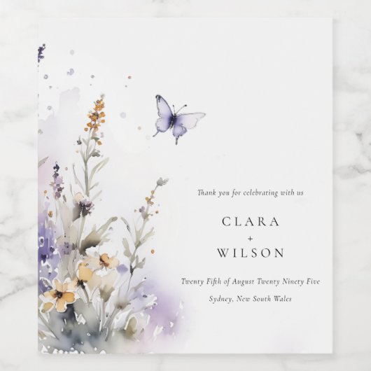 Zachte Lila Wildflower Vlinder Tuin Bruiloft Wijn Etiket (Enkel label)