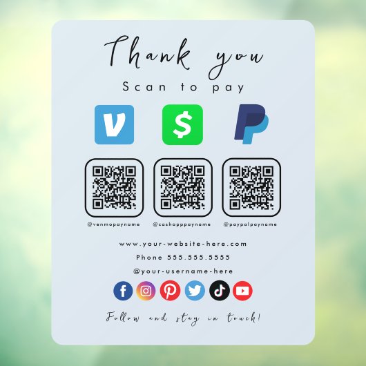 Zachte Marine Multi QR Code Paypal Venmo Cash App Raamsticker (Vel 3)