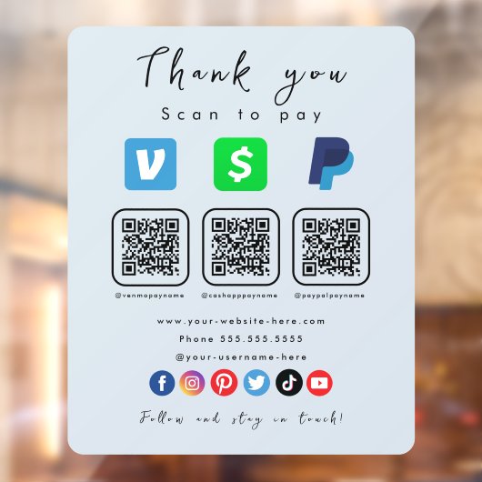 Zachte Marine Multi QR Code Paypal Venmo Cash App Raamsticker (Vel 2)