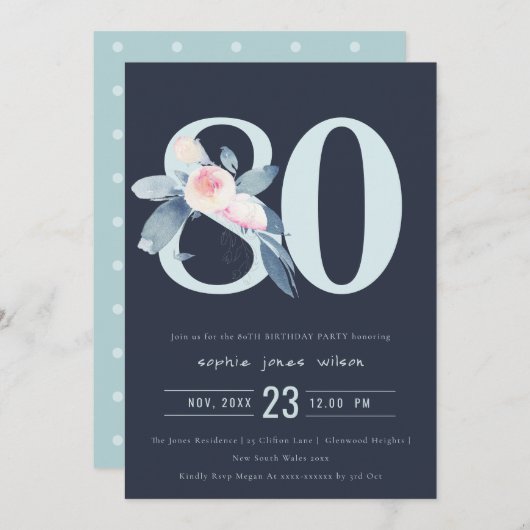 ZACHTE MARINE ROZE BLAUWE BLOEMEN 80STE VERJAARDAG KAART (Voorkant / Achterkant)