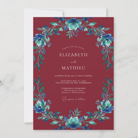 Zachte Maroon Azure Krans Bruiloft Kaart (Voorkant)