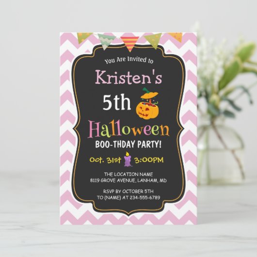 Zachte Meisjesachtige Chevron Kinderen Halloween V Kaart (Staand voorkant)