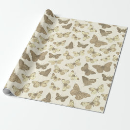 Zachte Meisjesachtige Gouden Beige Vlinder Patroon Cadeaupapier