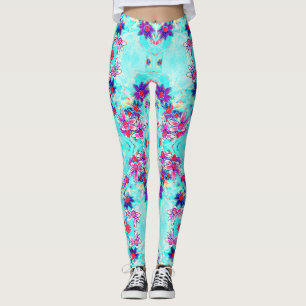 Zachte Meisjesachtige Paarse Bloem Patroon op Aqua Leggings