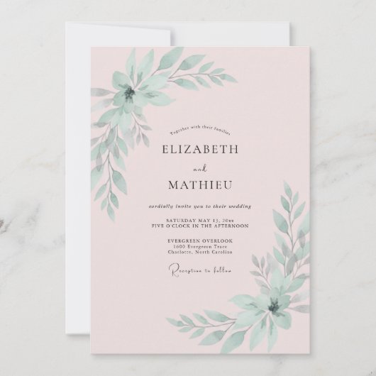 Zachte Mint Loof Eucalyptus Bruiloft Kaart (Voorkant)