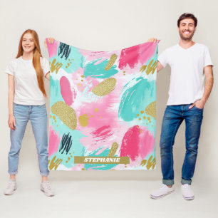 Zachte Mint Roze Lente Gouden Abstracte Penseelstr Fleece Deken