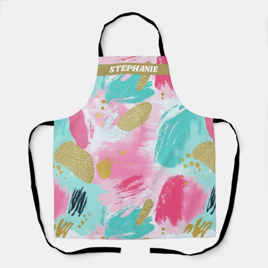 Zachte Mint Roze Lente Gouden Abstracte Penseelstr Schort (Voorkant)
