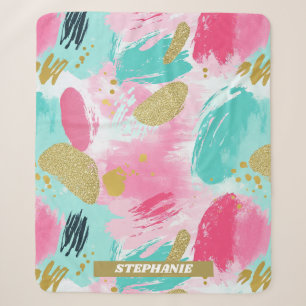 Zachte Mint Roze Lente Gouden Abstracte Penseelstr Sherpa Deken