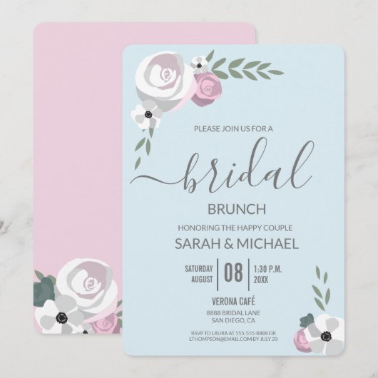 Zachte Mist blauwe blush roze Bloem Bridal brunch Kaart (Voorkant / Achterkant)