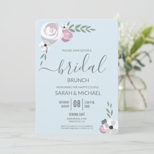 Zachte Mist blauwe blush roze Bloem Bridal brunch Kaart (Staand voorkant)