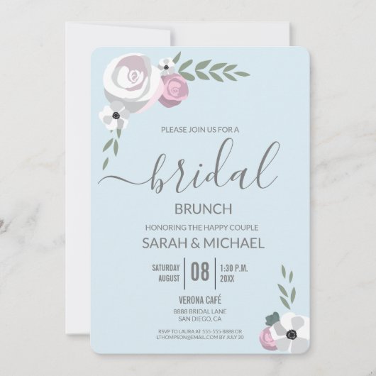 Zachte Mist blauwe blush roze Bloem Bridal brunch Kaart (Voorkant)