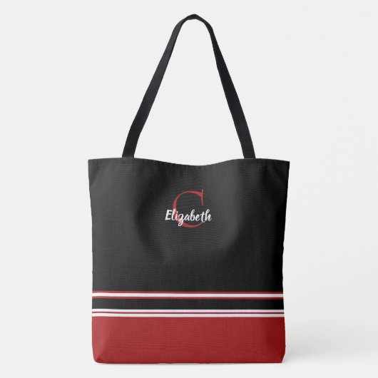 Zachte Moderne Monogramnaam Initiaal Zwart Rood Tote Bag (Achterkant)